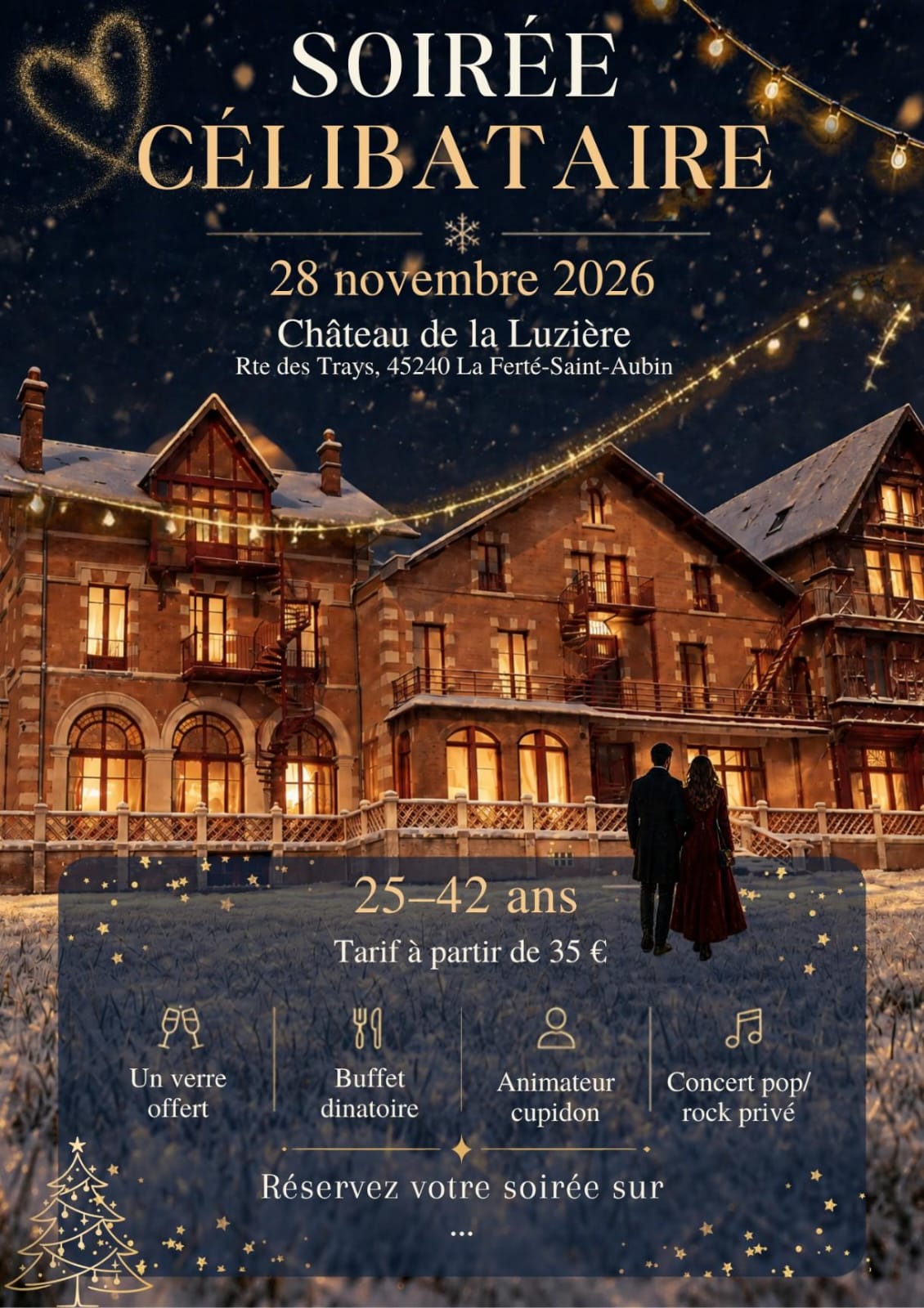 Affiche de la soirée célibataires du 28 novembre 2026 au château de La Luzière : 25 à 42 ans, à partir de 35 €, un verre offert, buffet dînatoire, animateur Cupidon, concert pop-rock privé.